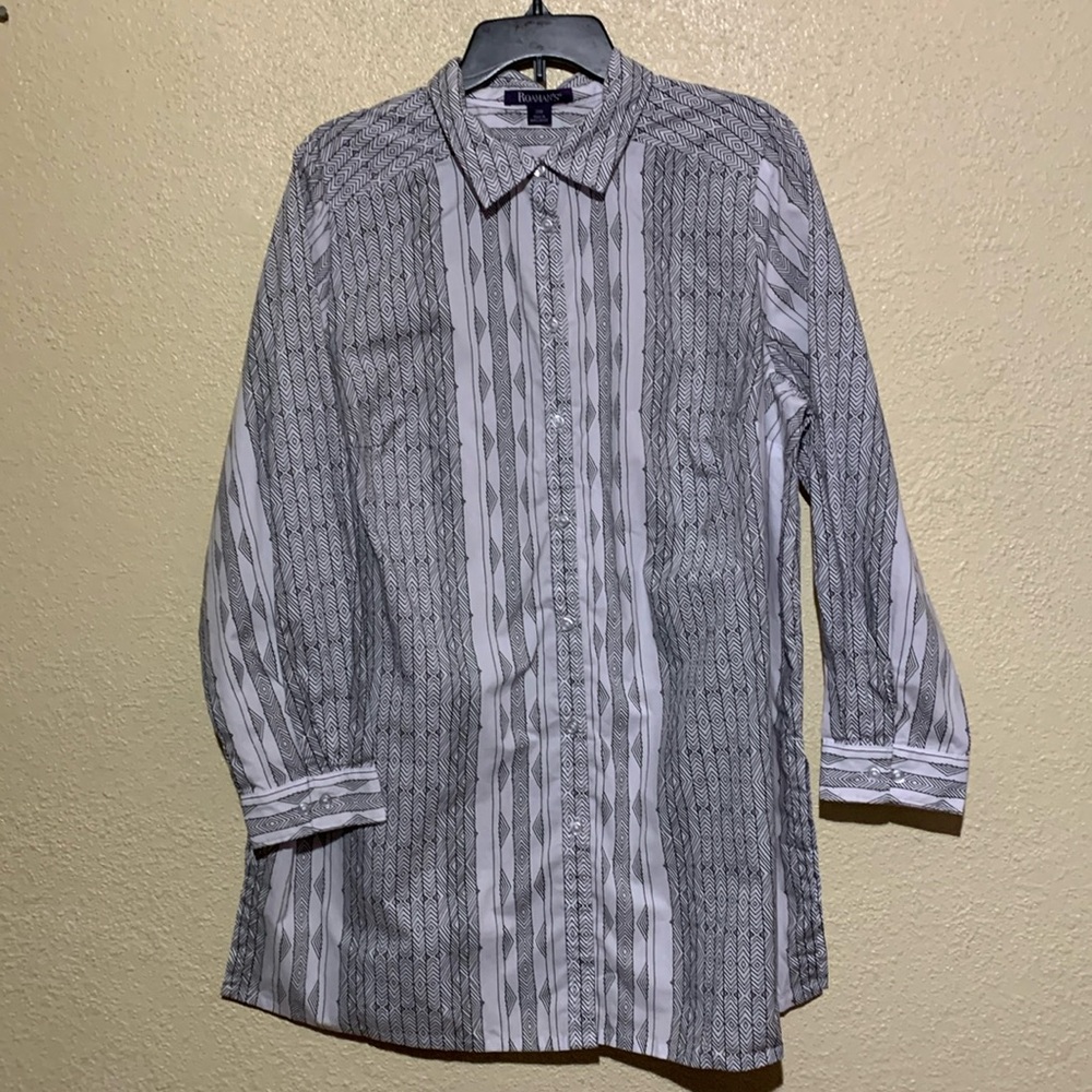 Roaman's Top Blouse 20W White Black Light Weight Cotton Front Buttons Stripes